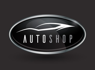 Concept auto vehicle dealership logo design of black and silver chrome badge icon on a dark grey background with a white sports car silhouette. Vector illustration.
