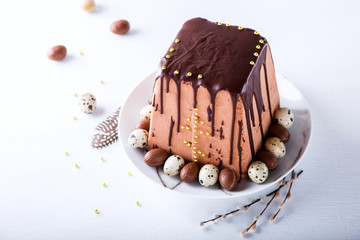 Paskha and kulich Chocolate, Traditional Russian Orthodox Easter Quark Dessert Curd.Easter background.selective focus.