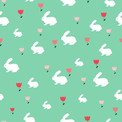 Stylish Seamless pattern with tulips and rabbits on green background. Spring wrapping paper. Hand drawn Vector illustration. Nature texture.