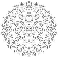 Page coloring mandala with hearts isolated on white