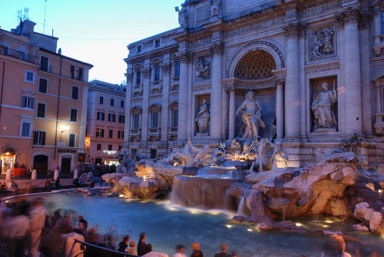 Di Trevi fountain in Rome, Italy illuminated at dusk, shot at long exposure