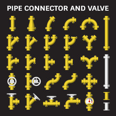 Obraz premium Pipe icon and flange fitting. Include control valve and pressure gauge. For pipeline construction and transportation liquid or gas i.e. oil, natural gas. Also for sewage, plumbing and irrigation.