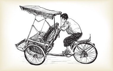 Fototapeta na wymiar sketch of tricycle taxi in Hanoi Vietnam, free hand draw illustration vector