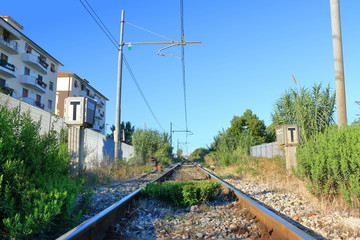Fototapeta na wymiar Rails of railroad tracks leaving the horizon