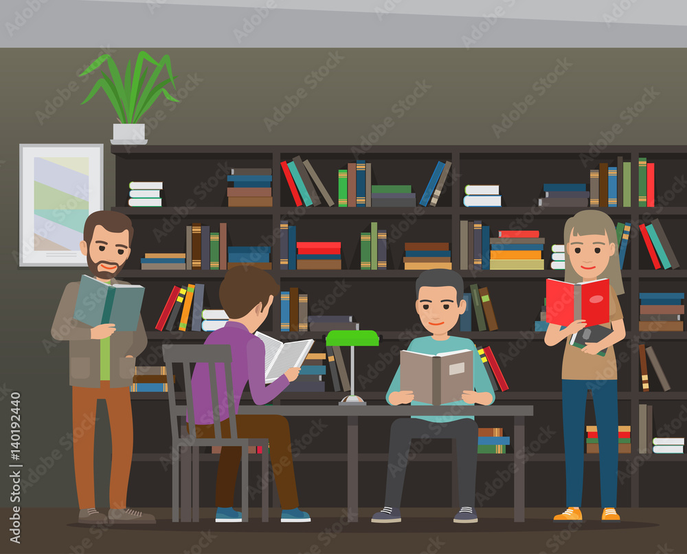 Poster students reading textbook in library flat vector