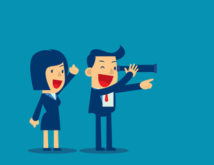 Business team has telescope and leading his team to success