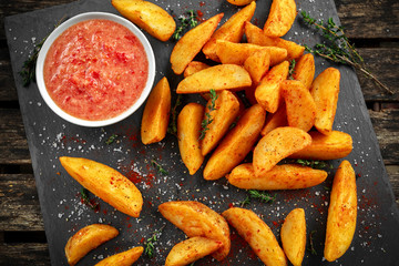 Fried potato wedges with hot salsa sauce, herbs on stone board