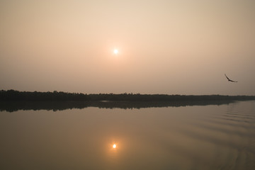 Sunset over the river in the Sundarbans national park, famous for its Royal Bengal Tiger in Bangladesh
