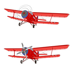 Vector flat illustration of a classic propeller aircraft in static and in flight on a white background © Павел Жоголев