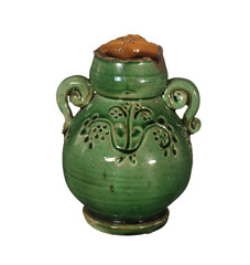 Old ceramic vase of green color with a broken top isolated on white background.