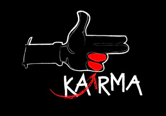Karma concept: finger gun on blackboard 