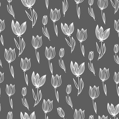 Tulip seamless pattern monochrome. Hand drawn vector spring wrapping paper. Line art. 
