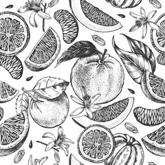 Decorative seamless pattern with ink hand-drawn orange, tangerine and citrus slices. Vector illustration.