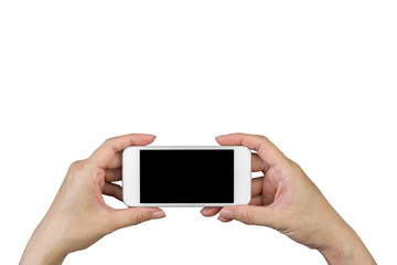 Woman hand holding and using mobile,cell phone,smart phone with isolated screen on white background.