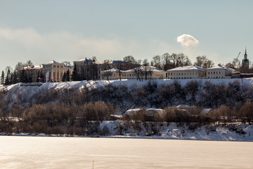 View of the city from the river side in the spring sunny day