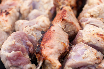 Grilling skewers or shashlik on barbecue grill. Selective focus