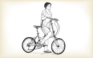 riding bicycle a woman, free hand drawing, vector and illustration