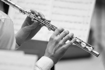 Hands musician playing the flute closeup in black and white