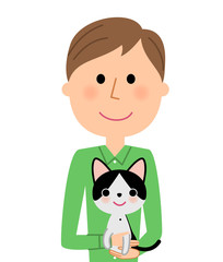 若い男性　ペット　猫