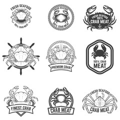 Set of crab meat labels. Fresh seafood. Design elements for logo, label, emblem, sign. Vector illustration. © liubov