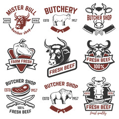 Set of fresh beef labels isolated on white background. Butcher shop. Design elements for logo, label, sign. Vector illustration.