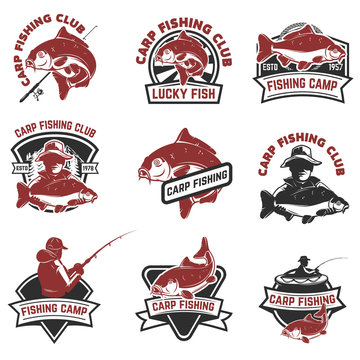 Set of carp fishing labels isolated on white background. Design elements for logo, label, emblem, sign. Vector illustration.