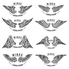Set of vintage emblem templates with wings. Design elements for logo, label, emblem, poster. Vector illustration