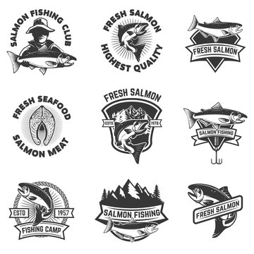 Set of salmon fishing emblems. Seafood. Design elements for logo, label, sign, brand mark. Vector illustration