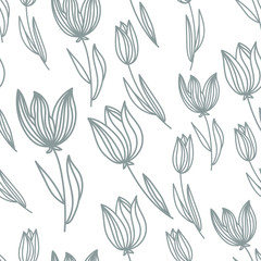 Hand drawn graphic Tulip seamless pattern  vector background.  spring wrapping paper.