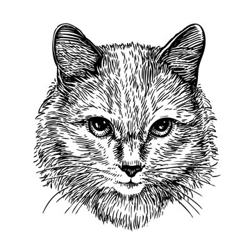 Hand drawn portrait of cute cat, sketch. Art vector illustration