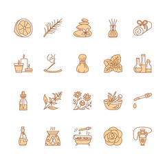Essential oils aromatherapy vector line icons set. Elements - aroma therapy diffuser, oil burner, candles, incense sticks. Linear pictogram with editable strokes for spa salon.