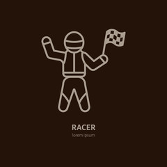Car racer vector line icon. Speed auto championship winner with checkers flags.