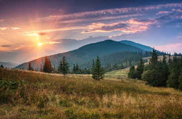 Sunrise above peaks of smoky mountain with the view of forest in the foreground. Dramatic overcast sky. 