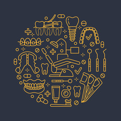 Dentist, orthodontics medical banner with vector line icon of dental care equipment, braces, tooth prosthesis, veneers, floss, caries treatment. Health care thin linear poster for dentistry clinic.