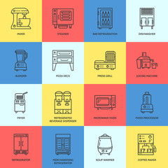 Restaurant professional equipment line icons. Kitchen tools, mixer, blender, fryer, food processor, refrigerator, steamer, microwave oven. Thin linear signs for commercial cooking equipment store.