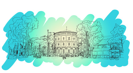 sketch of cityscape Vietnam, Hang Dau Water Tank in Hanoi, Free hand draw illustration vector