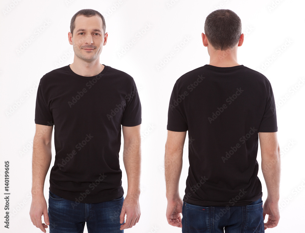 Wall mural Shirt design and people concept - close up of young man in blank black tshirt front and rear isolated. Mock up template for design print