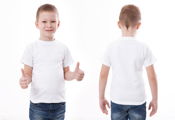 Shirt design and people concept - closeup of young man in blank white tshirt front and rear isolated. Mock up template for design print