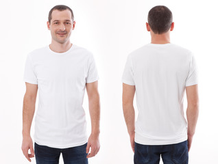 Shirt design and people concept - closeup of young man in blank black tshirt front and rear isolated. Mock up template for design print
