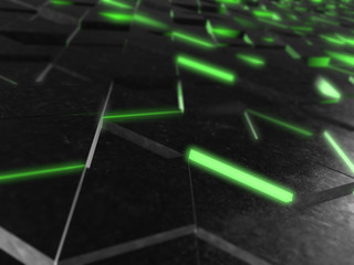 Dark abstract futuristic background with dept of field 3D render