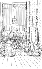 buddhist monks praying at temple in Chiangmai, Thailand, sketch free hand draw vector illustration