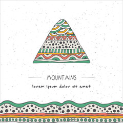 Obraz premium Mountain in hand drawn style with colorful seamless pattern. Cute vector illustration on white textured background. Decorative elements for greetings, cards, invitations, posters and prints.