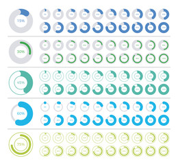 Set of pie chart infographic elements. 0, 5, 10, 15, 20, 25, 30, 35, 40, 45, 50, 55, 60, 65, 70, 75, 80, 85, 90, 95, 100 percents.
