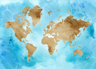 Vintage map of the world on a blue background. horizontal Watercolor illustration.