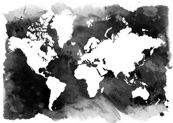 Black and white background. Horizontal vintage map of the world.