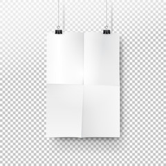 white paper poster mockup with traces of the folded sheet hanging on binder. Transparent background with mock up empty paper blank. Layout mockup. Vertical template sheet