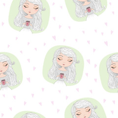 Hand drawn seamless pattern with beautiful cute girl with cup in his hands. Vector illustration