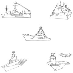 Warships. Sketch by hand. Pencil drawing by hand. Vector image. The image is thin lines