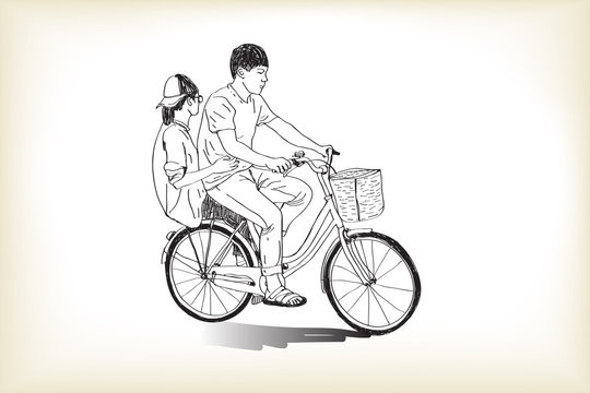 riding bicycle touring boy an girl, free hand drawing, vector and illustration