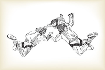 skydiving man parachutist, free hand drawing sketch vector